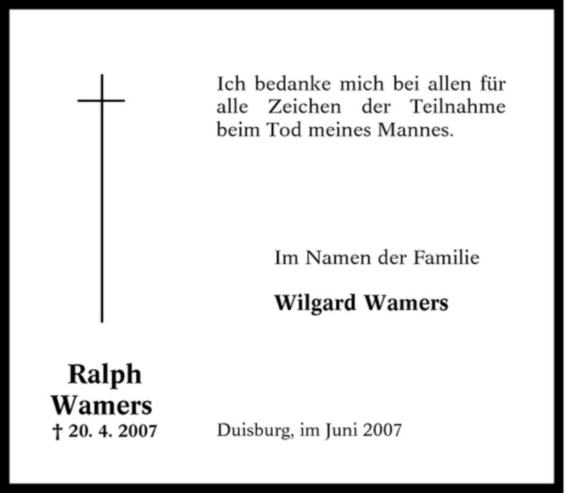  Traueranzeige für Ralph Wamers vom 02.06.2007 aus Tageszeitung