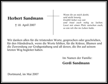 Traueranzeige von Herbert Sandmann von Tageszeitung