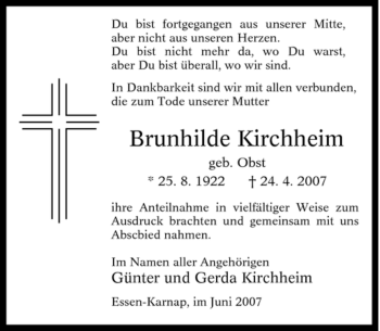 Traueranzeige von Brunhilde Kirchheim von Tageszeitung