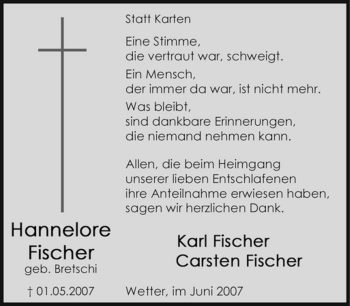 Traueranzeige von Hannelore Fischer von Tageszeitung