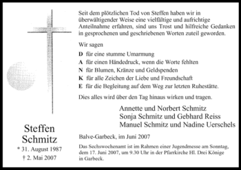Traueranzeige von Steffen Schmitz von Tageszeitung