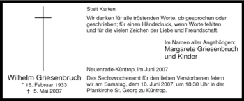 Traueranzeige von Wilhelm Griesenbruch von Tageszeitung