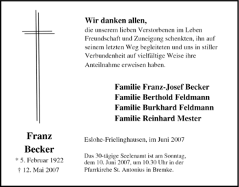 Traueranzeige von Franz Becker von Tageszeitung