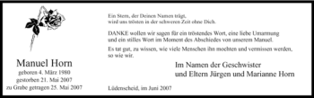 Traueranzeige von Manuel Horn von Tageszeitung