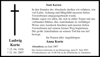 Traueranzeige von Ludwig Korte von Tageszeitung
