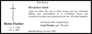 Traueranzeige von Heinz Fischer von Tageszeitung