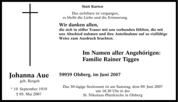 Traueranzeige von Johanna Aue von Tageszeitung
