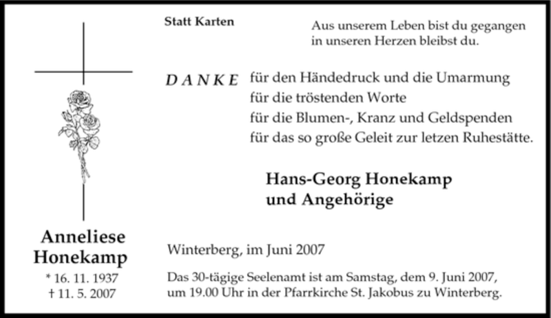  Traueranzeige für Anneliese Honekamp vom 05.06.2007 aus Tageszeitung