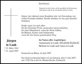 Traueranzeige von Jürgen te Laak von Tageszeitung