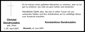 Traueranzeige von Christel Dendroulakis von Tageszeitung