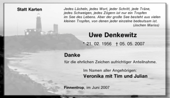 Traueranzeige von Uwe Denkewitz von Tageszeitung
