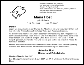 Traueranzeige von Maria Host von Tageszeitung
