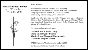 Traueranzeige von Paula Elisabeth Weber von Tageszeitung