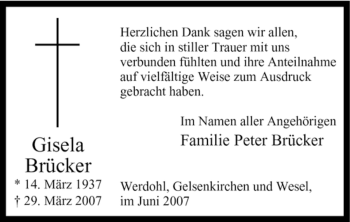 Traueranzeige von Gisela Brücker von Tageszeitung