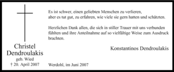 Traueranzeige von Christel Dendroulakis von Tageszeitung