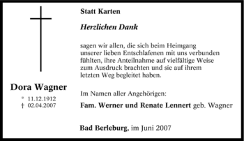 Traueranzeige von Dora Wagner von Tageszeitung