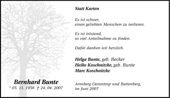 Traueranzeige von Bernhard Bunte von Tageszeitung