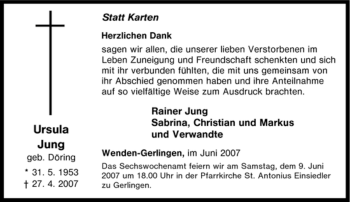 Traueranzeige von Ursula Jung von Tageszeitung