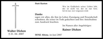 Traueranzeige von Walter Dicken von Tageszeitung