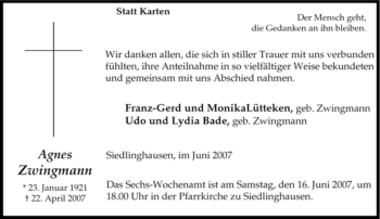 Traueranzeige von Agnes Zwingmann von Tageszeitung