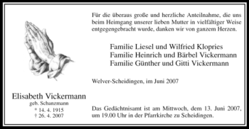 Traueranzeige von Elisabeth Vickermann von Tageszeitung