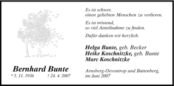 Traueranzeige von Bernhard Bunte von Tageszeitung