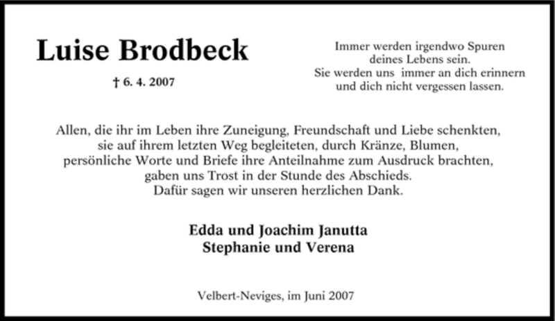  Traueranzeige für Luise Brodbeck vom 09.06.2007 aus Tageszeitung