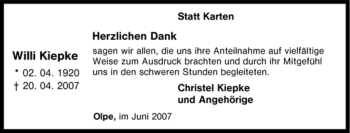 Traueranzeige von Willi Kiepke von Tageszeitung