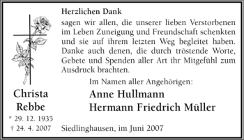 Traueranzeige von Christa Rebbe von Tageszeitung