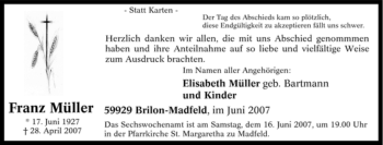 Traueranzeige von Franz Müller von Tageszeitung