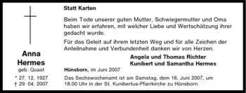 Traueranzeige von Anna Hermes von Tageszeitung