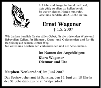 Traueranzeige von Ernst Wagener von Tageszeitung