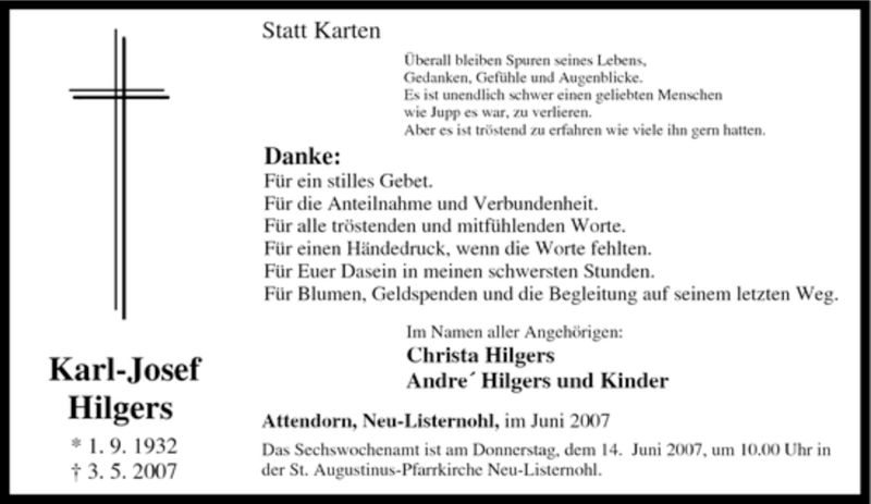  Traueranzeige für Karl-Josef Hilgers vom 09.06.2007 aus Tageszeitung