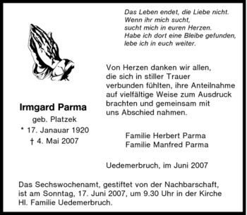 Traueranzeige von Irmgard Parma von Tageszeitung