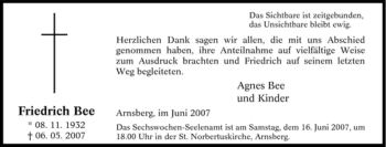Traueranzeige von Friedrich Bee von Tageszeitung