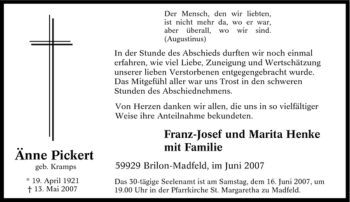 Traueranzeige von Änne Pickert von Tageszeitung