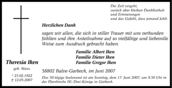 Traueranzeige von Theresia Iken von Tageszeitung