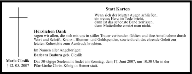  Traueranzeige für Maria Cieslik vom 09.06.2007 aus Tageszeitung