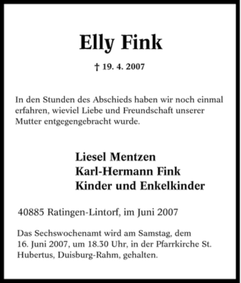 Traueranzeige von Elly Fink von Tageszeitung