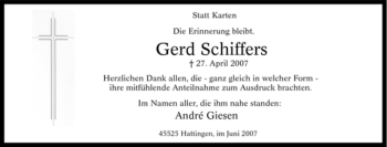 Traueranzeige von Gerd Schiffers von Tageszeitung