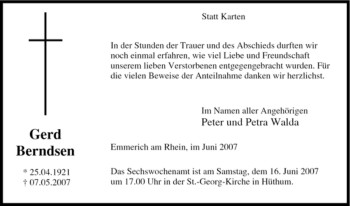 Traueranzeige von Gerd Berndsen von Tageszeitung