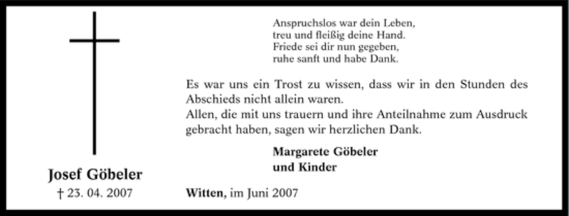  Traueranzeige für Josef Göbeler vom 09.06.2007 aus Tageszeitung