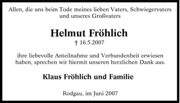 Traueranzeige von Helmut Fröhlich von Tageszeitung