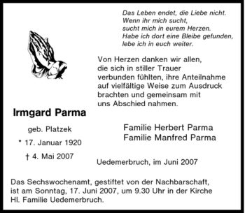 Traueranzeige von Irmgard Parma von Tageszeitung