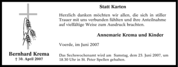 Traueranzeige von Bernhard Krema von Tageszeitung