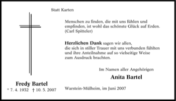 Traueranzeige von Fredy Bartel von Tageszeitung