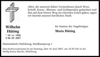 Traueranzeige von Wilhelm Hüting von Tageszeitung