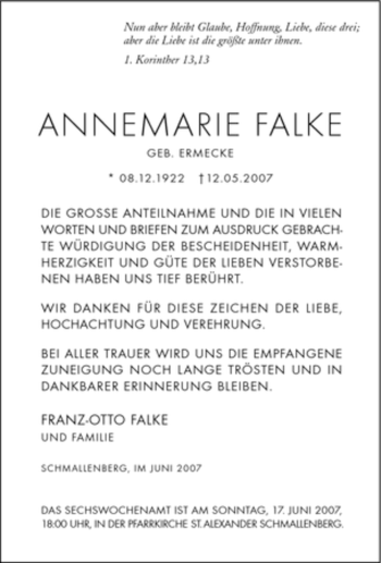 Traueranzeige von Annemarie Falke von Tageszeitung