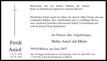 Traueranzeige von Ferdi Aniol von Tageszeitung
