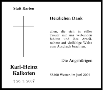 Traueranzeige von Karl-Heinz Kalkofen von Tageszeitung